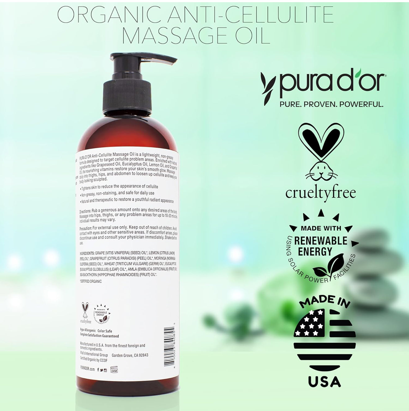 PURA D’OR Huile de Massage Anti-Cellulite Bio – 473 ml